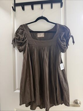 We The Free Olive Brown Puff Sleeve Square Neck Tunic